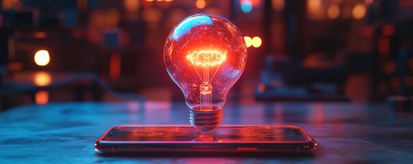 Aufkleber - Glowing digital hologram of a light bulb over a smartphone, futuristic workspace, neon light effects, hightech brainstorming, abstract AIpowered technology visualization