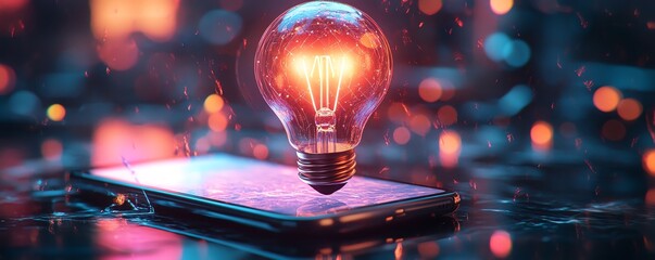 Aufkleber - Glowing digital hologram of a light bulb over a smartphone, futuristic workspace, neon light effects, hightech brainstorming, abstract AIpowered technology visualization