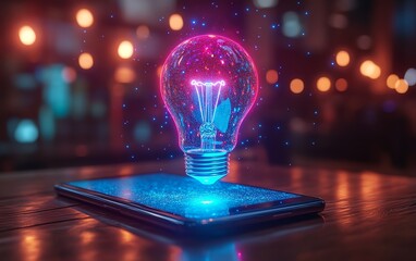 Poster - Glowing holographic light bulb hovering over a smartphone on a wooden desk, futuristic technology, digital brainstorming, neon blue and purple light, innovation and creativity