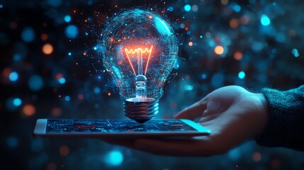Poster - Glowing lightbulb with business strategy sketches hovering over a hand holding a tablet, futuristic digital workspace, neon glow, hightech innovation concept, 3D rendering