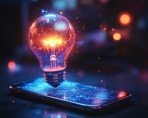 Leinwandbilder - Holographic innovation concept, glowing light bulb emerging from a smartphone, futuristic digital brainstorming, neon cyber glow, hightech startup workspace, creative energy