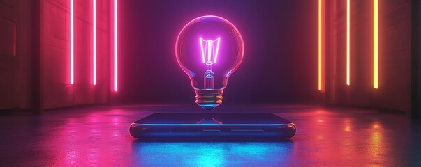Poster - Holographic innovation concept, floating light bulb above a smartphone, digital energy, futuristic neon glow, AIpowered tech scene, hightech modern workspace