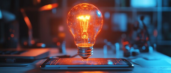Poster - Holographic light bulb projection from a smartphone on a desk