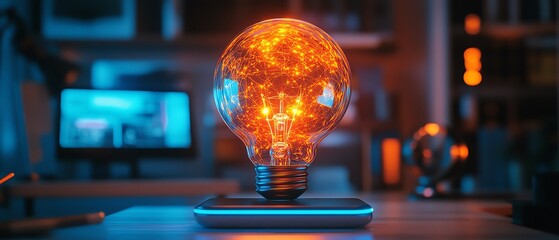 Poster - Holographic light bulb projection from a smartphone on a desk