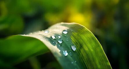 Poster - Close-up view of water droplets glistening on a vibrant green leaf, illuminated by soft sunlight. Blurred foliage creates a natural, serene backdrop in the image.