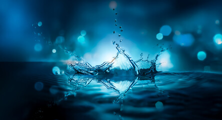 Leinwandbilder - Dynamic water splash with bokeh effect, rendered in shades of blue. A drop impact creates a crown shape on the liquid surface, against a blurred background of blue and white tones.