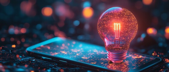 Poster - Abstract futuristic light bulb hologram over a smartphone, glowing cyber light, AIgenerated ideas, sleek digital design, vibrant tech aesthetics, nextgen innovation