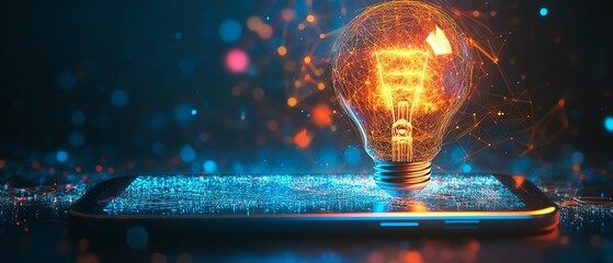 Poster - Abstract futuristic light bulb hologram over a smartphone, glowing cyber light, AIgenerated ideas, sleek digital design, vibrant tech aesthetics, nextgen innovation