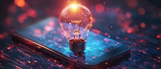 Poster - Abstract futuristic light bulb hologram over a smartphone, glowing cyber light, AIgenerated ideas, sleek digital design, vibrant tech aesthetics, nextgen innovation