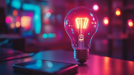Poster - Abstract holographic light bulb glowing over a smartphone on a desk