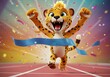 © justsann - A vibrant and animated cartoon cheetah, with a joyful expression, crosses the finish line of a race, with a bright blue ribbon