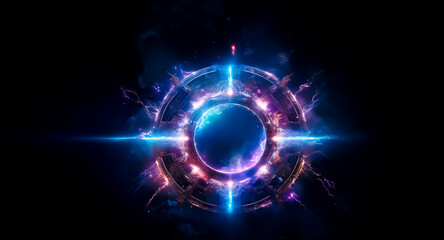 Aufkleber - Glowing circular abstract design on black. A sphere at the center radiates blue and purple energy, like a cosmic portal or celestial phenomenon.