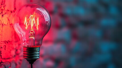 Leinwandbilder - Glowing red lightbulb hanging in front of brick wall