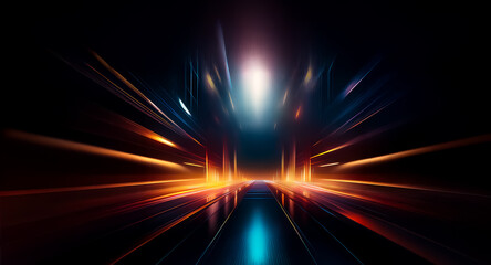 Poster - Abstract image with vibrant orange and blue light trails emanating from a central point on a dark backdrop. Sense of speed and motion.