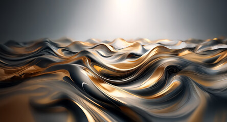 Leinwandbilder - Abstract wavy background with grey and gold metallic texture. Smooth flowing shapes under a bright light source, creating reflections on the surface.