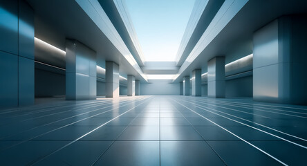 Poster - Modern architectural interior featuring strong columns and a bright skylight. Empty, clean lines with light and shadow create a structured, minimalist space.