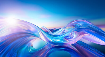 Leinwandbilder - Abstract flowing waves in shades of blue and purple hues reflect light against a soft blurred sky backdrop creating a dreamy and fluid visual.