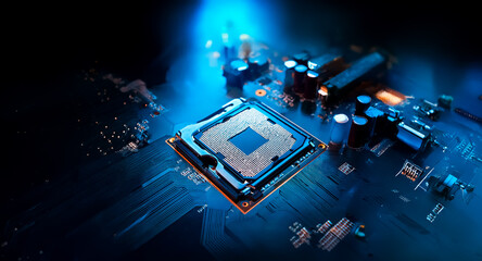 Poster - Close-up on a glowing processor unit mounted on a circuit board with various electronic components under a blue illuminated light.