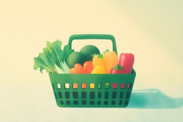 Aufkleber - Minimalistic illustration of a green shopping basket filled with fresh fruits and vegetables on a soft pastel background