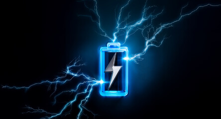 Aufkleber - A luminous blue battery icon with a white lightning bolt is energized by electric sparks, set against a dark backdrop, symbolizing power and energy.