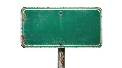 Green blank road sign on a weathered pole standing alone in a rustic outdoor setting isolated on transparent background, cutout png