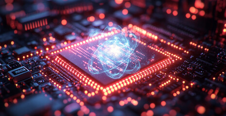 Fototapete - A vibrant quantum computing circuit showcases the interaction of qubits in superposition and entanglement. Advanced algorithms and neural networks optimize data processing in this intricate setup.