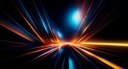 Aufkleber - Vibrant streaks of orange and blue light emanate from a central point against a dark background, creating a sense of speed and dynamic energy.