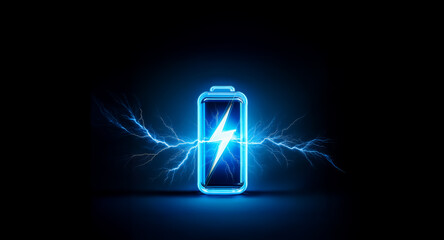 Poster - Glowing blue battery icon with a lightning bolt in the center, surrounded by electric sparks. Symbolizes energy and power, illuminated on a dark background.