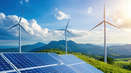 Wall Mural - a lush green landscape powered by renewable energy sources like windmills and solar panels.