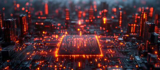 Poster - A stunning view of a futuristic city illuminated by glowing circuits. The central processor hints at quantum computing with optical effects, showcasing the interplay of technology and urban life.