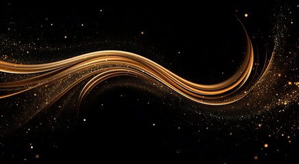 Fototapete - golden flowing curves with a translucent effect, softly glowing against deep black background, scattered golden dust particles enhancing luxurious and futuristic feel, concept of elegance