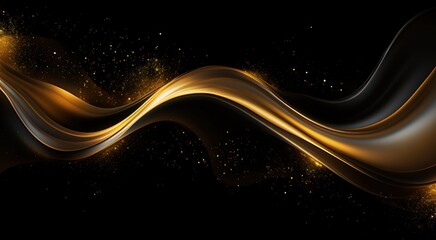 Fototapete - golden flowing curves with a translucent effect, softly glowing against deep black background, scattered golden dust particles enhancing luxurious and futuristic feel, concept of elegance