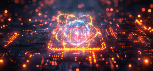 Leinwandbilder - A visualization of quantum computing elements highlights qubits and superposition in vibrant colors, set against a high-tech digital backdrop.