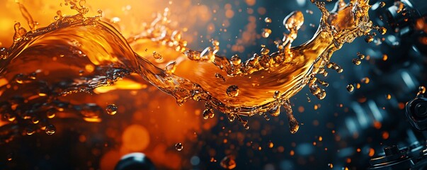 Poster - Golden liquid splashing and forming a beautiful wave with bokeh effect