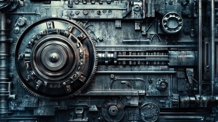 Poster - Complex industrial mechanism with gears and cogwheels rotating