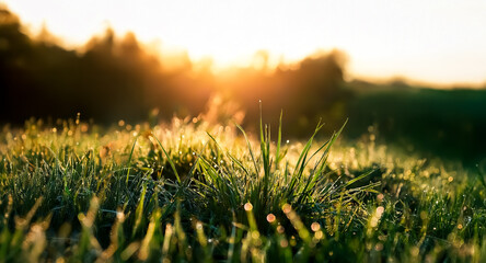 Aufkleber - Golden hour illuminates dew drops on grass blades in a serene outdoor scene. Soft sunlight filters through distant trees, creating a peaceful and natural ambiance.