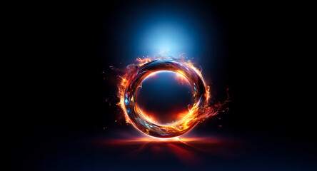 Fototapete - Circular ring of fire with red and orange hues, surrounded by sparks. Blue light emanates from above, and red glow below on dark backdrop.
