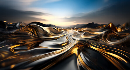 Aufkleber - Surreal landscape of flowing metallic gold and silver forms under a dramatic cloudy sky.