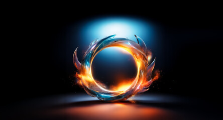 Fototapete - Abstract circular form glows with vibrant blue and orange light against a dark backdrop.  The design evokes energy and contrast with a dynamic and modern feel.