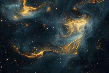 Wall Mural - ethereal abstract cosmos with swirling golden nebulae against deep midnight backdrop, cosmic energy patterns forming mesmerizing celestial dance