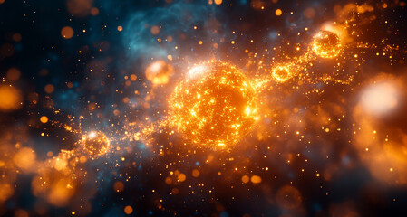 Fototapete - Particles interact within a vibrant cosmic setting, exhibiting behaviors of superposition and entanglement. The scene illustrates principles of quantum mechanics through glowing, dynamic elements.