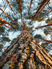 Wall Mural - reaching for the sky, a worm's eye view of towering pine trees