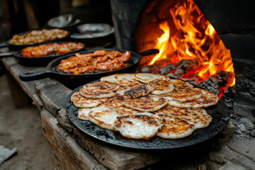 Minimalistic shot of a rustic wood-fired oven blazing with dancing flames, casting a warm glow over
