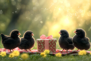 A joyful moment captured on a sunlit picnic blanket, where a brightly wrapped gift is surrounded by