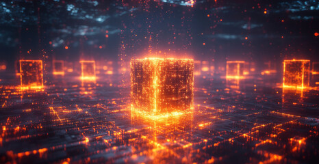 Fototapete - A vivid digital landscape showcases glowing quantum cubes representing qubits.