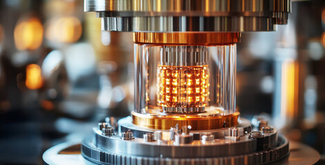 Fototapete - Advanced quantum computing hardware illustrates the intricate qubit structure showcasing superposition and entanglement principles. The setup aims to optimize algorithms for data processing.