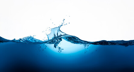 Poster - Clear blue water surface with a dynamic splash against a plain white backdrop, creating a contrast between the fluid motion and the stark background.