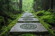 © Sergio Lucci - Ancient stone path with intricate carvings leads into a misty, moss-covered forest, evoking mystery and history