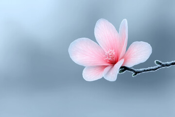 Poster - dreamlike illustration of a pristine pink magnolia bud, intricately detailed against stark winter