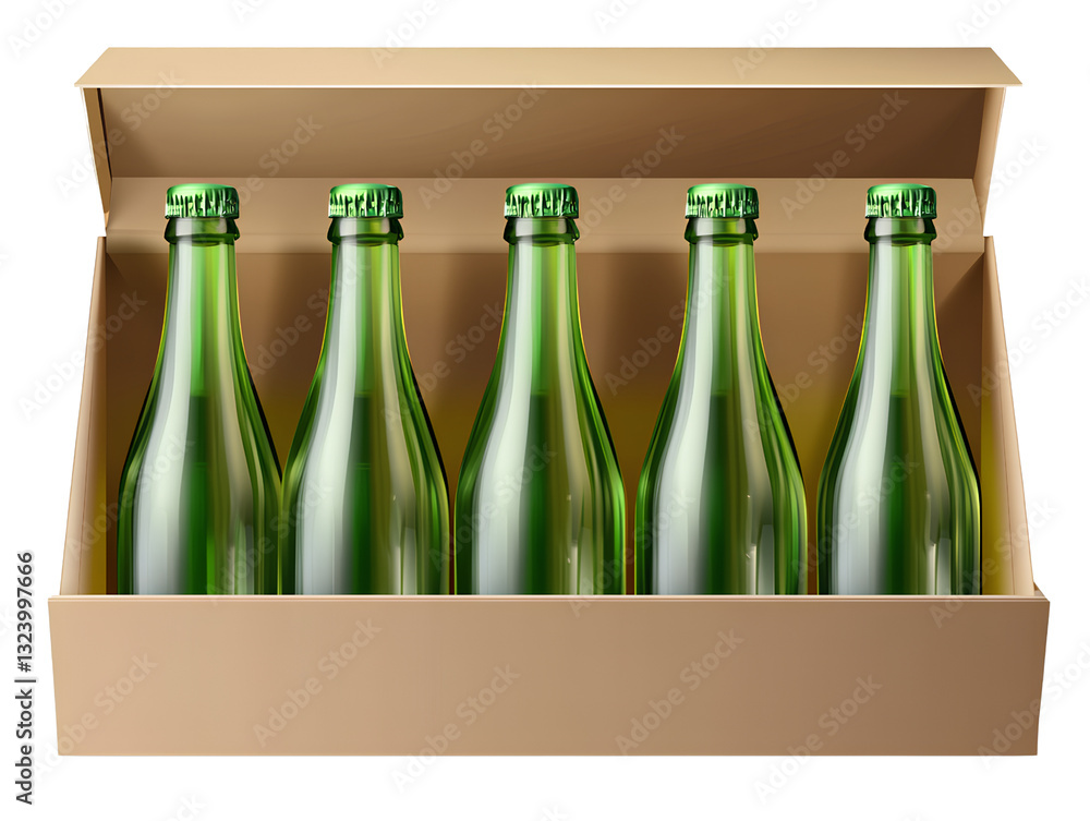 5 green beer bottles in a cardboard box, isolated on a transparent ...